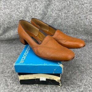 ✅Womens 10M VTG Auditions Tan Leather Block Heel Loafers Dress Shoes Made In USA